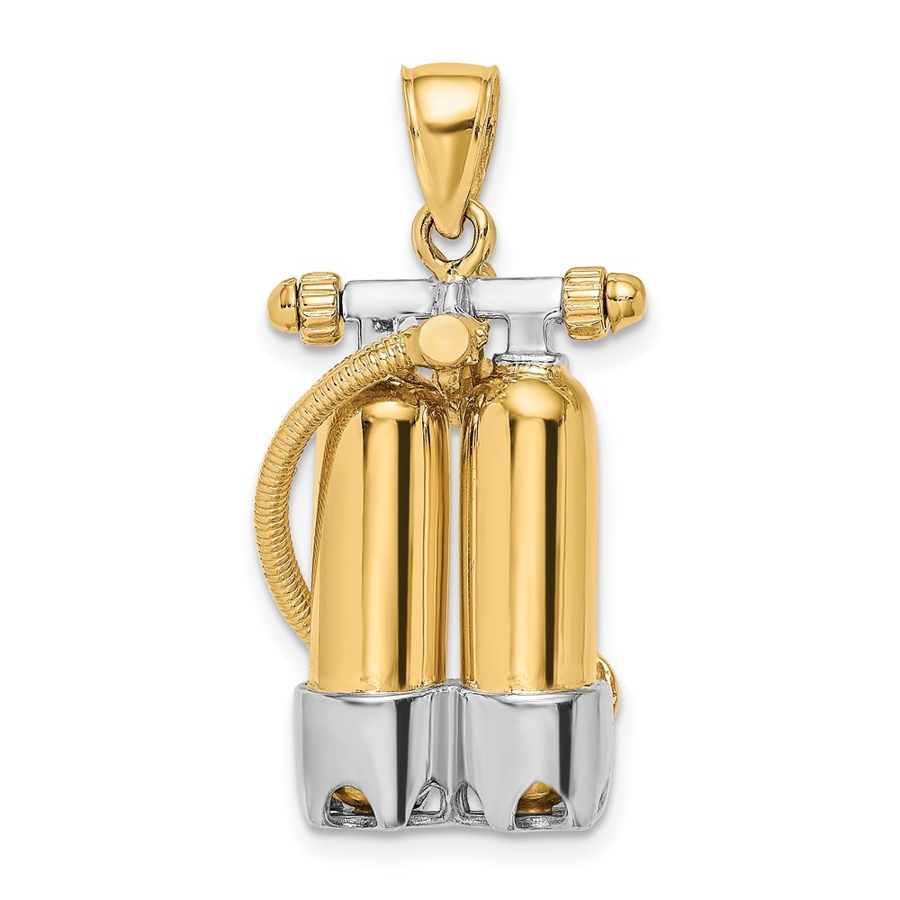 14k Yellow Gold w Rhodium 3D Double Scuba Tanks Air Hose Necklace Pendant Unisex